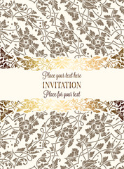 Intricate baroque luxury wedding invitation card, rich gold decor on beige background with frame and place for text, lacy foliage with shiny gradient