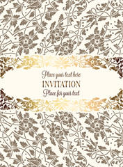 Intricate baroque luxury wedding invitation card, rich gold decor on beige background with frame and place for text, lacy foliage with shiny gradient