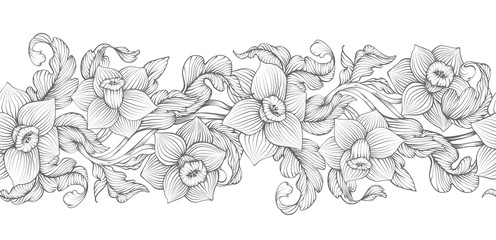 Daffodils narcissus dense outline sketch drawing floral seamless border. Spring flowers black and white foliage vector illustration.