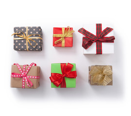 Gift boxes on white background top view. Wedding invitation, greeting card for Mother's. Many gifts and surprises of gifts for Christmas, holiday.