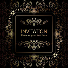 Abstract background with calligraphic luxury gold flourishes and vintage frame, victorian banner,wallpaper ornaments, invitation card, baroque style booklet, fashion pattern, template for design.