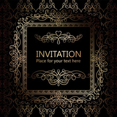 Abstract background with calligraphic luxury gold flourishes and vintage frame, victorian banner,wallpaper ornaments, invitation card, baroque style booklet, fashion pattern, template for design.