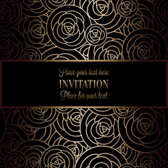 Abstract background with roses, luxury black and gold vintage frame, victorian banner, damask floral wallpaper ornaments, invitation card, baroque style booklet, fashion pattern, template for design