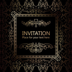 Abstract background with calligraphic luxury gold flourishes and vintage frame, victorian banner,wallpaper ornaments, invitation card, baroque style booklet, fashion pattern, template for design.