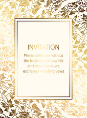 Intricate baroque luxury wedding invitation card, rich gold decor on beige background with frame and place for text, lacy foliage with shiny gradient