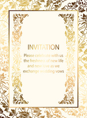 Intricate baroque luxury wedding invitation card, rich gold decor on beige background with frame and place for text, lacy foliage with shiny gradient