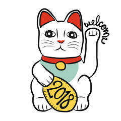 Lucky cat (maneki neko) welcome 2018 cartoon vector illustration