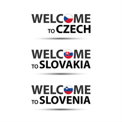Welcome to Czech, welcome to Slovakia and welcome to Slovenia symbols with flags, simple modern Czech, Slovak and Slovenian icons isolated on white background, vector illustration
