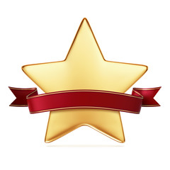 Gold star with red ribbon banner - arc and wavy ends