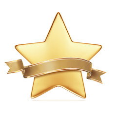 Gold star with golden ribbon banner - arc up and wavy ends