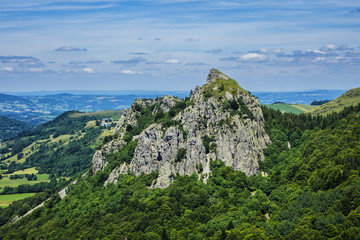 Famous Auvergne rocks: Tuiliere and Sanadoire. Volcans d'Auvergne regional natural park, Monts Dore Mountains, Auvergne, France.