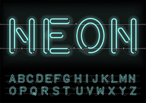 Neon light bulbs custom font with electricity wires. Handcrafted alphabet for design. Vector .