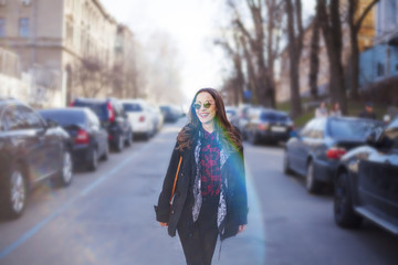 young woman walking on the road in urban city