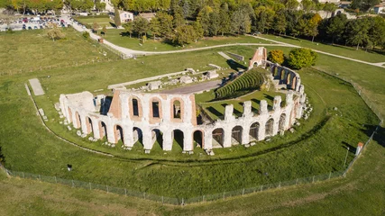 Brushed aluminium prints Rudnes Gubbio, one of the most beautiful small town in Italy. Drone aerial view of the ruins of the Roman theater