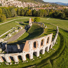 Gubbio, one of the most beautiful small town in Italy. Drone aerial view of the ruins of the Roman theater