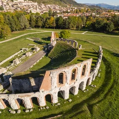 Poster Rudnes Gubbio, one of the most beautiful small town in Italy. Drone aerial view of the ruins of the Roman theater