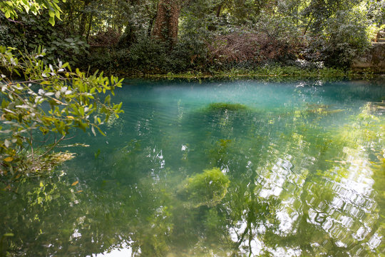 Resurgence of the Timavo river by a church in San Giovanni di Duino, or San Giovanni in Tuba. Karst river, Fruglia, Triest region, Italy.