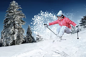 Velvet curtains Winter sports skier in action
