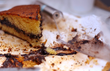 leftover cake with chocolate cream and crumbs