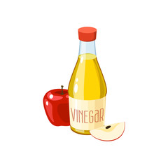 Red apple and bottle of vinegar. Vector illustration cartoon flat icon isolated on white.