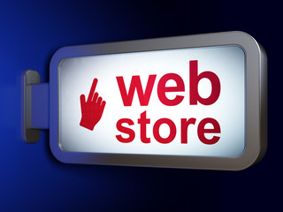 Web development concept: Web Store and Mouse Cursor on advertising billboard background, 3D rendering