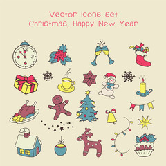 Christmas holidays icon set. Classic hand-drawn New Year elements, vintage style. Merry Christmas, Happy New Year line icons for packing paper, card, web, wallpaper, background. Vector Illustration.