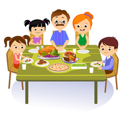 thanksgiving set, isolated happy family at the dinner table eat turkey drink wine. Mother father with childrens celebrate together traditional autumn holiday. People give thanks vector illustration