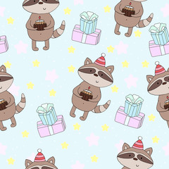 Hand drawn seamless pattern with Cute raccoon. Pattern print for kids