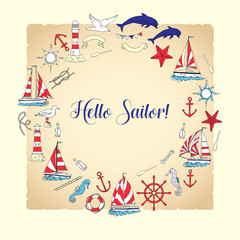 Nautical background with ships and wheel