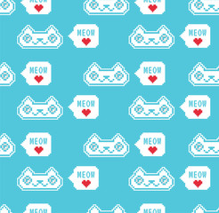 Seamless texture with Cute nice pixel cats. Pixel art. Modern style. Repeating background. Tiled pattern. Blue theme.