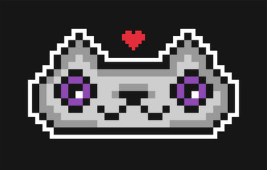 Cute nice gray pixel cat. Pixel art. Domestic cat portrait. It can be used for printing on t-shirts, postcards, stickers, or for your design. Modern style.