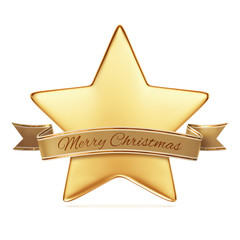 Gold star with golden ribbon banner - arc and wavy ends - Merry Christmas