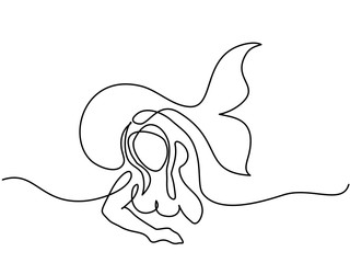 Mermaid laying and dreaming on the beach. Continuous line drawing. Vector illustration