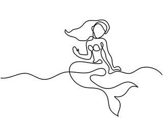 Mermaid sitting and dreaming on the beach. Continuous line drawing. Vector illustration