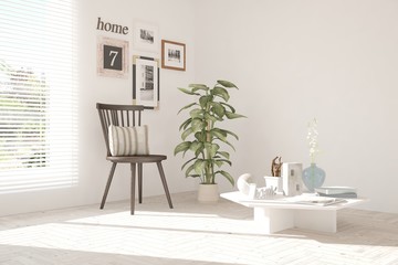 Idea of white room with chair and summer landscape in window. Scandinavian interior design. 3D illustration