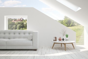 Idea of white room with sofa and summer landscape in window. Scandinavian interior design. 3D illustration