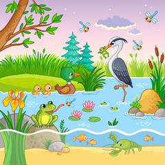 Naklejki  Wektor zestaw z przyrodą i zwierzętami w stylu kreskówki dla dzieci. Cudowne raki i ryby na wodzie.