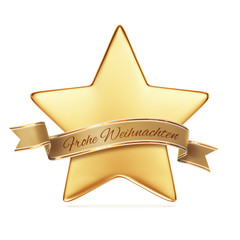 Gold star with golden ribbon banner - arc up and wavy ends - Frohe Weihnachten