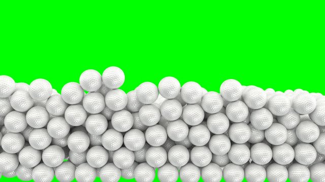 Animated a great amount of white plain Golf balls falling and tumbling filling up container against green background. Front camera view.