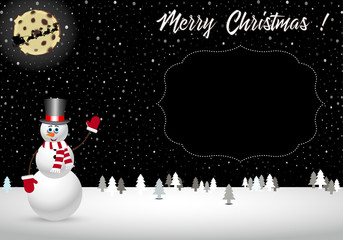 Vector cartoon illustration of beautiful christmas night landscape with santa sleigh silhouette on moon and snowman. Greeting card, invitation, template with space for text.