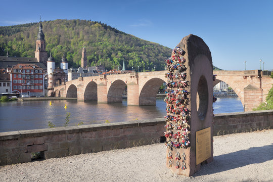 Heidelberger Liebesstein Rock, Karl-Theodor-Bridge (Old Bridge), Gate and Heilig Geist Church, Heidelberg, Baden-Wurttemberg, Germany