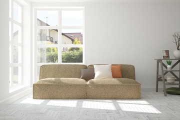 Idea of white room with sofa and summer landscape in window. Scandinavian interior design. 3D illustration
