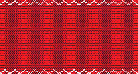 Knit christmas red background with empty space for text and white zig zag pattern. Vector illustration, template, border for design.
