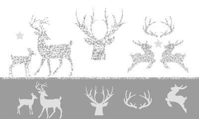 Christmas set of silver glitter reindeer. Silhouette of deer family. Vector grey xmas illustrations.