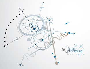 Mechanical scheme, vector engineering drawing with circles and geometric parts of mechanism. Technical plan can be used in web design and as wallpaper or background.