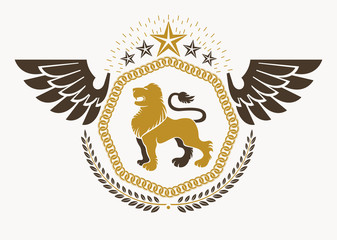 Heraldic emblem made using graphic elements like bird wings, wild lion and pentagonal stars, vector illustration.
