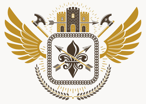 Heraldic emblem made using graphic elements like bird wings, hatchets and medieval stronghold, vector illustration.