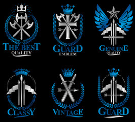 Fototapeta na wymiar Vintage Weapon Emblems set. Vintage vector design elements collection. Retro style label, heraldry.