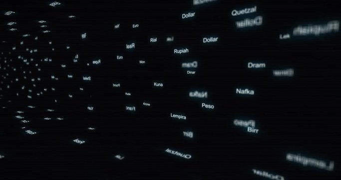 Names of currencies of the world in a virtual wall