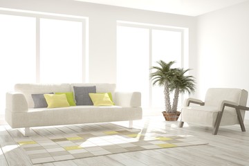 Fototapeta premium Pomysł na biały minimalistyczny pokój z sofą. Skandynawski wystrój wnętrz. Ilustracja 3D